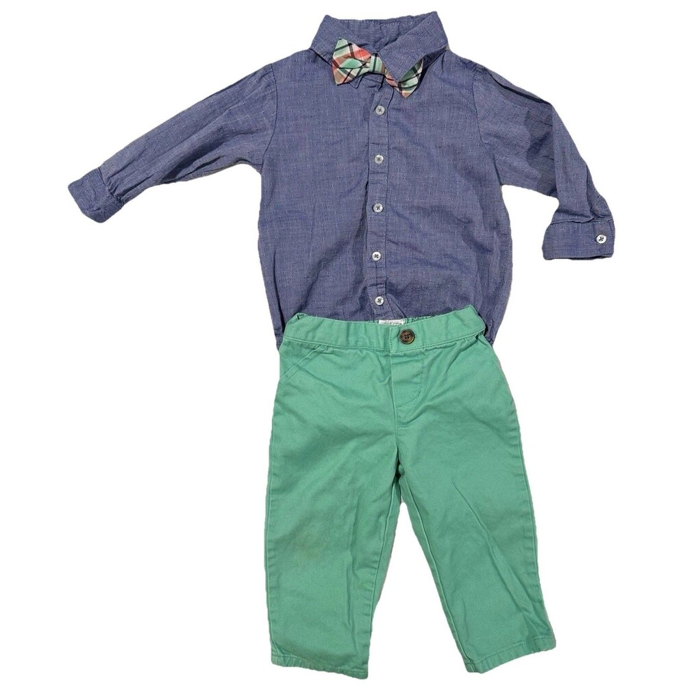 Carters Special Occasion 12M Boys 3 Piece Outfit Bow tie Blue Green Plaid Spring